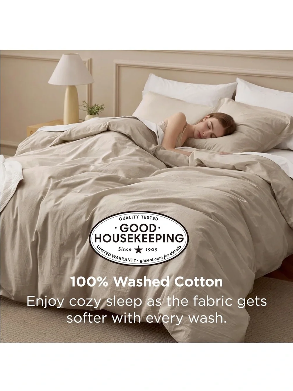 NEW Bedsure 100% Washed Cotton Duvet Cover Set. Frosted Almond Minimalist Beddin
